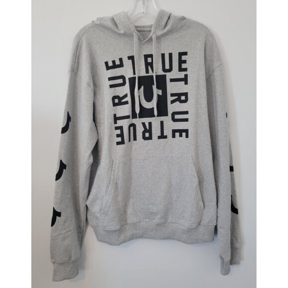 True Religion Hoodie Men's L Gray Long Sleeve Pullover Square TR Logo Pocket